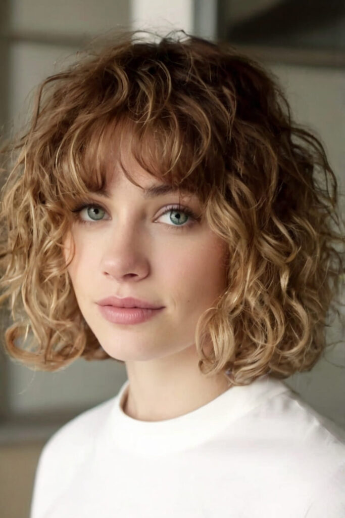 Curly Bob with Curtain Bangs