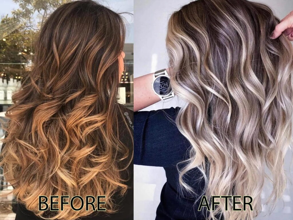 Caramel Blonde with Dark Roots to Cool Blonde with Highlights