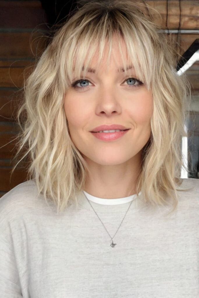 Long Choppy Textured Bob with Bangs