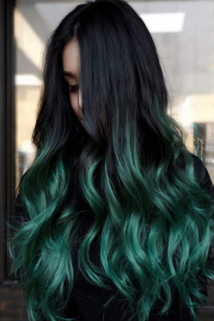 Sea Green Highlights on Black Hair