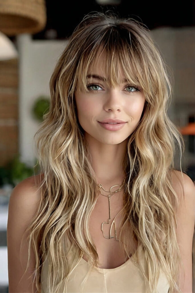 Thin Arched Bangs and Long Beach Waves