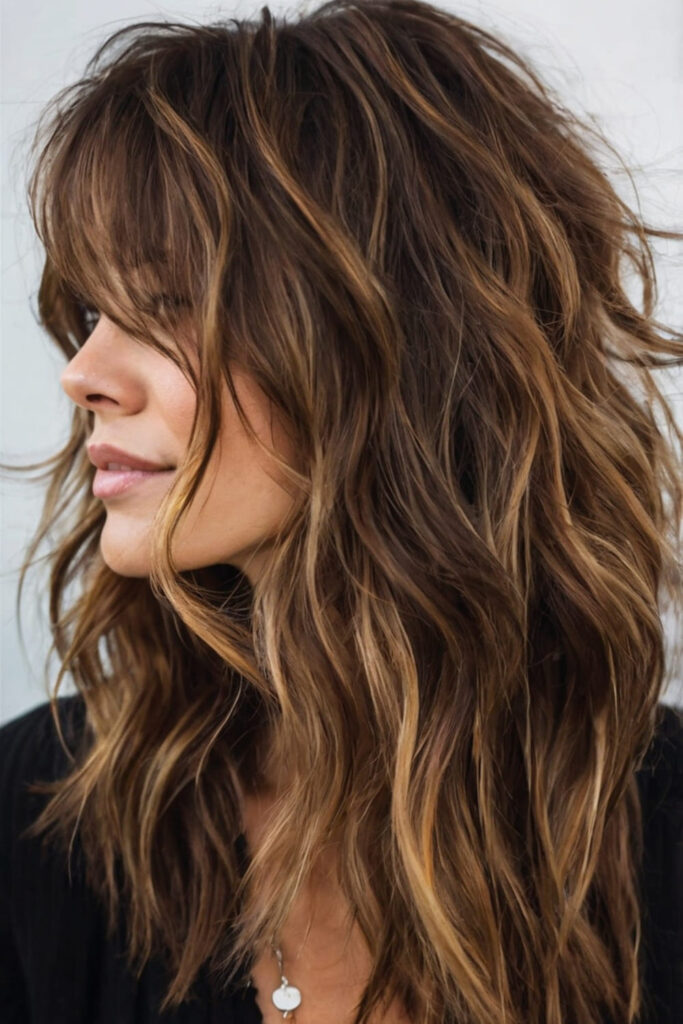 Choppy Brunette Shag With Caramel Highlights