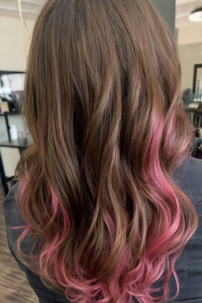 Fluffy Brunette Hair with Pink Highlights