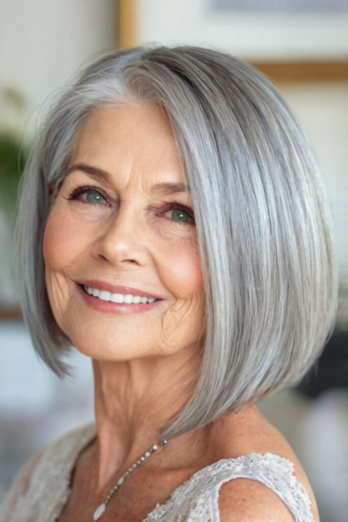 Sleek Silver Bob with Side Part