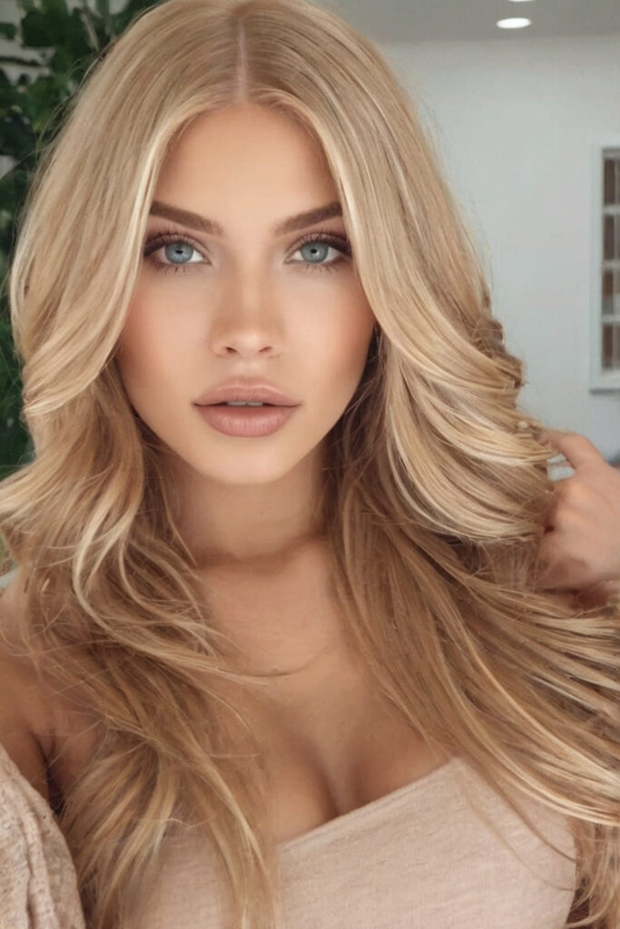 Trendy Long Blonde Wavy with a Center Part