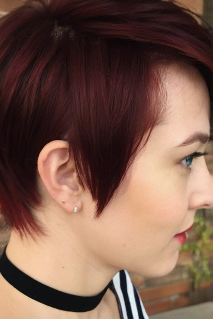 Bold Red Long Pixie with Bangs