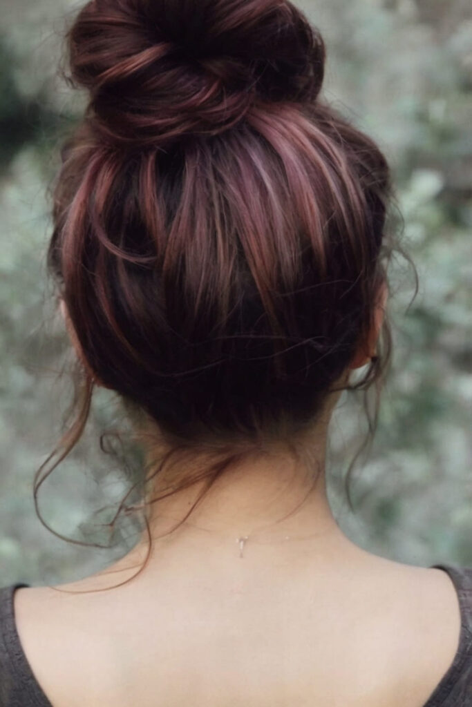 Messy Bun with Black Cherry Highlights