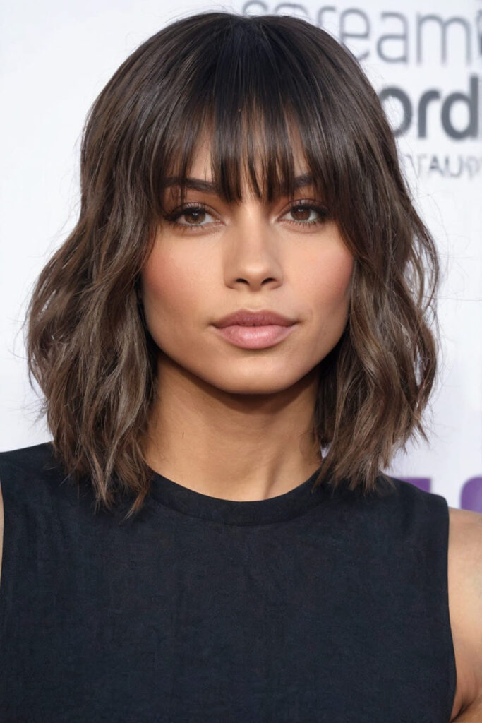 Fluffy Textured Bob with Straight Across Long Bangs