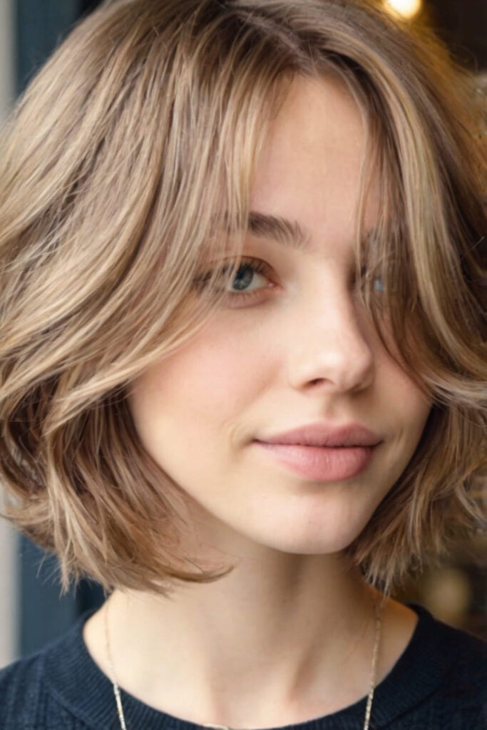 Soft Bangs and Layers for a Round Bob Cut